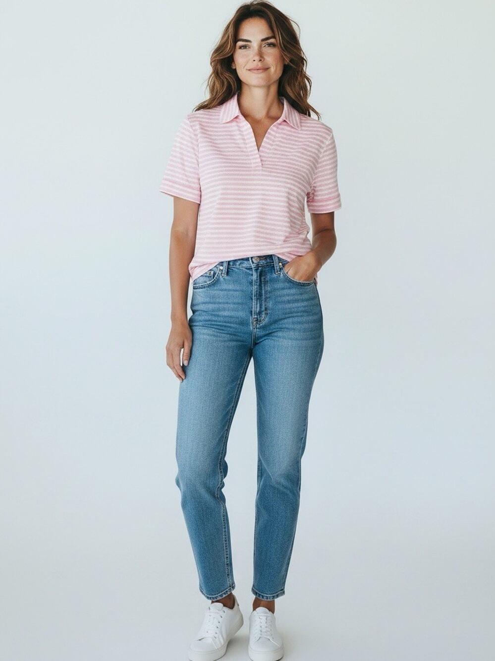 Talbots Petite Pink White Stripe Roll Cuff Johnny Collar Polo Top Medium P NWOT